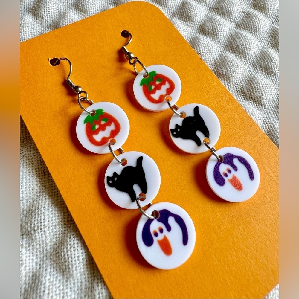 New Pillsbury Halloween Cookie Design Pumpkin, Black Cat, Ghost Acrylic Earrings - Picture 3 of 5